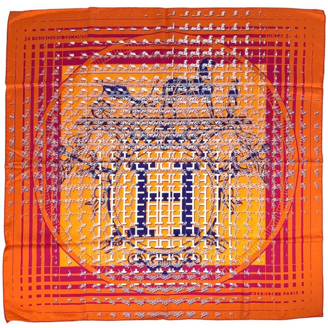 Hermes Hermès Carré 90 24 FAUBOURG SECONDE, commemorating the 10th anniversary of 24th Faubourg in: --- Catalog ---Category: SizeSize (LxW): 89cm x 87cm / 35.03'' x 34.25''Category: DesignType: ScarfColor: Multi-color, OrangeGender: WomenMaterial: Silk Category: GeneralBrand: Hermes--- Item List ---
