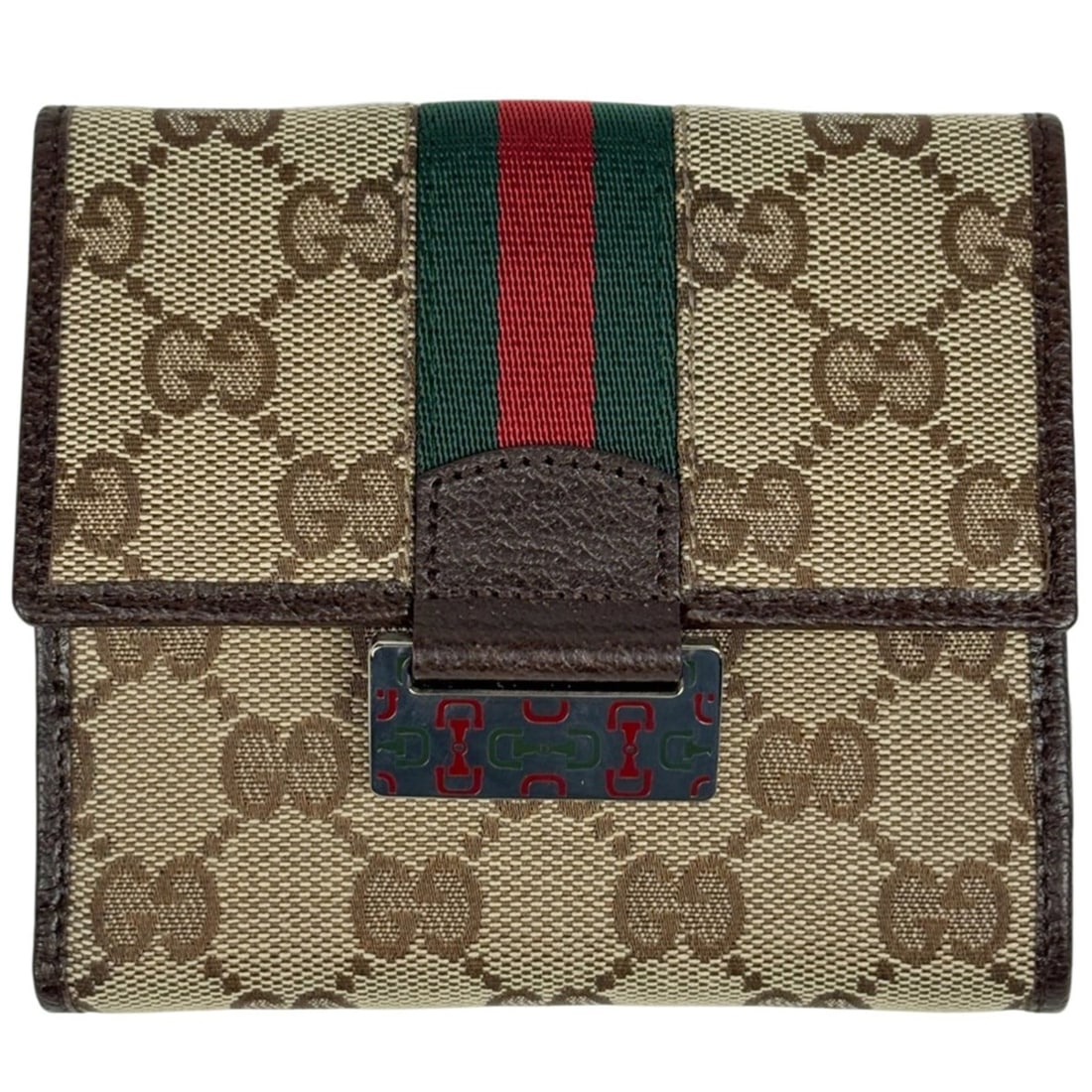 Gucci Horsebit Bifold Wallet with Double Hook and Closure, Bill Compartment, Coin Purse, Sherry: --- Catalog ---Category: SizeSize (HxWxD): 11cm x 12cm x 2.5cm / 4.33'' x 4.72'' x 0.98''Category: DesignType: Wallet (bi-fold)Color: Brown, Green, Red colorGender: WomenMaterial: GG canvas , Leather