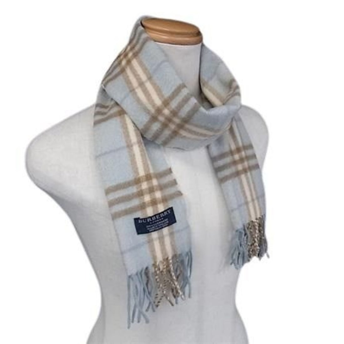 BURBERRY scarf/stole, light blue cashmere, women's, check pattern. (1 of 20)