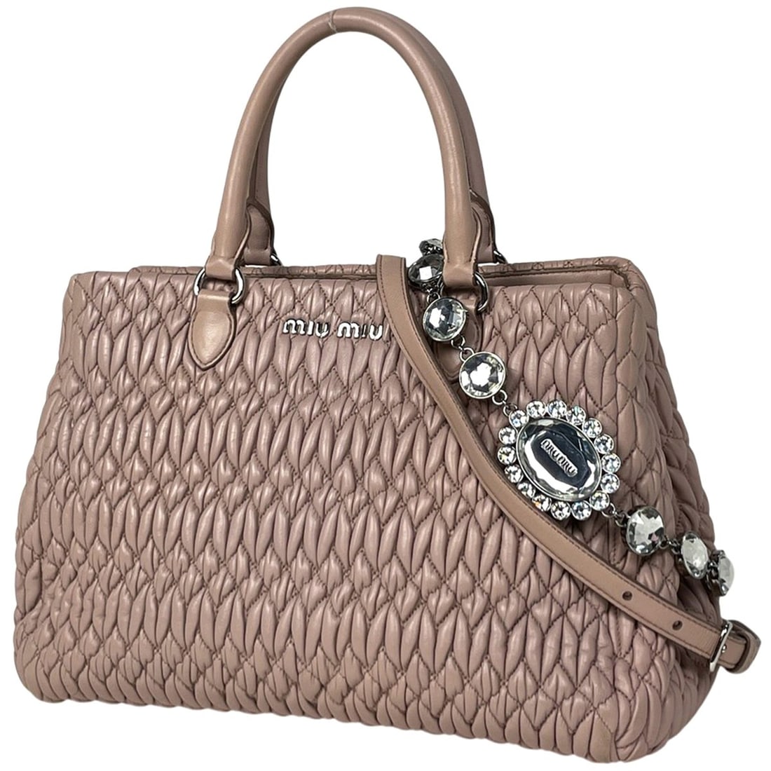 Miu Miu Miu Matelasse Handbag with Logo and Crystals, 2-Way Shoulder Bag, Gathered Handbag, Leather,: --- Catalog ---Category: SizeSize (HxWxD): 20cm x 29cm x 15cm / 7.87'' x 11.41'' x 5.9''Category: DesignType: Handbag, Shoulder bagColor: PinkGender: WomenMaterial: Leather Category: GeneralBrand: Miu