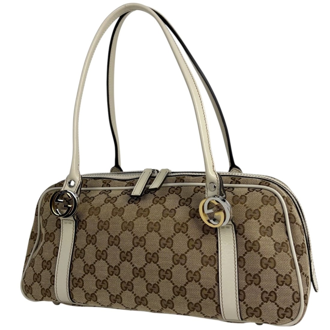 Gucci GG Twins Mini Boston Shoulder Bag in Beige and White, Canvas, 232958, Women's: --- Catalog ---Category: SizeSize (HxWxD): 14cm x 32cm x 13cm / 5.51'' x 12.59'' x 5.11''Category: DesignType: Shoulder bagColor: Beige, WhiteGender: WomenMaterial: GG canvas , Leather Category: Gener