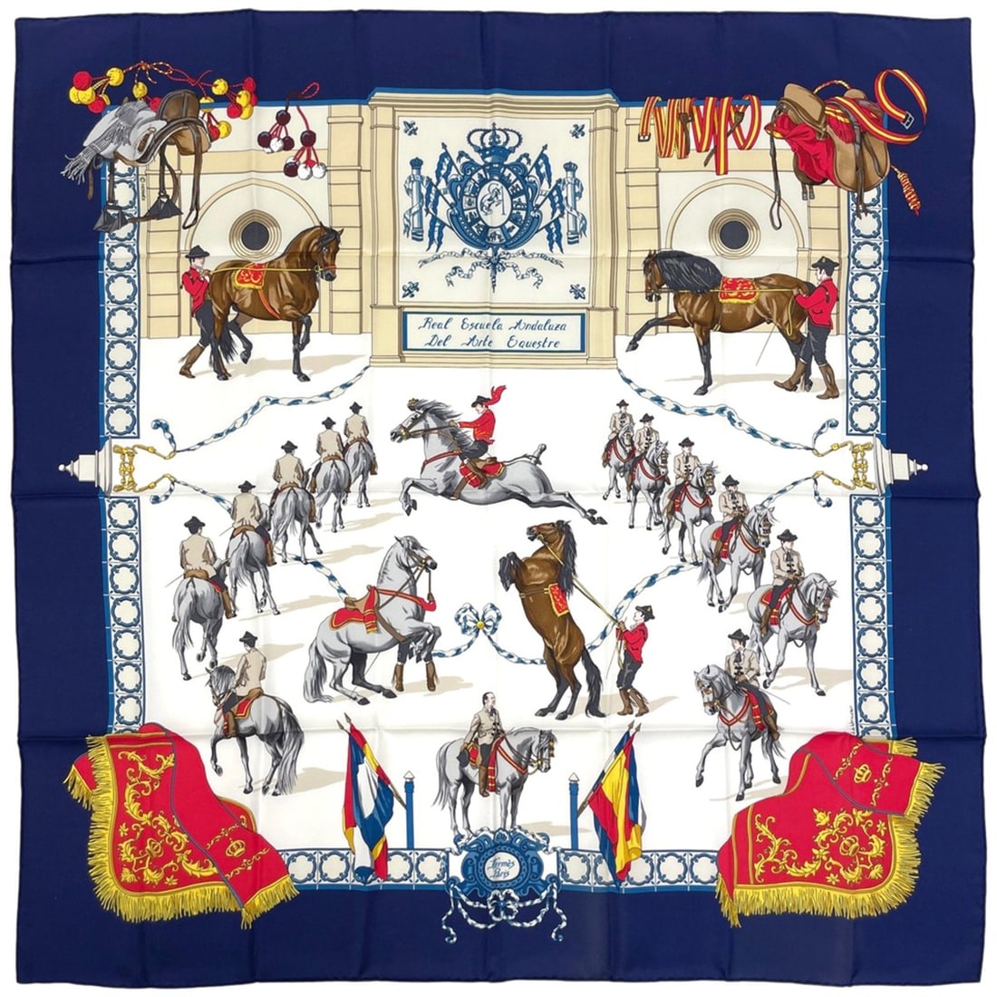Hermès HERMES Carré 90 "Real Escuela Andalusia Del Arte Ecuestre" Silk Scarf in Blue Multicolor: --- Catalog ---Category: SizeSize (LxW): 88.5cm x 88.5cm / 34.84'' x 34.84''Category: DesignType: ScarfColor: Blue, Multi-colorGender: WomenMaterial: Silk Category: GeneralBrand: Hermes--- Item List -