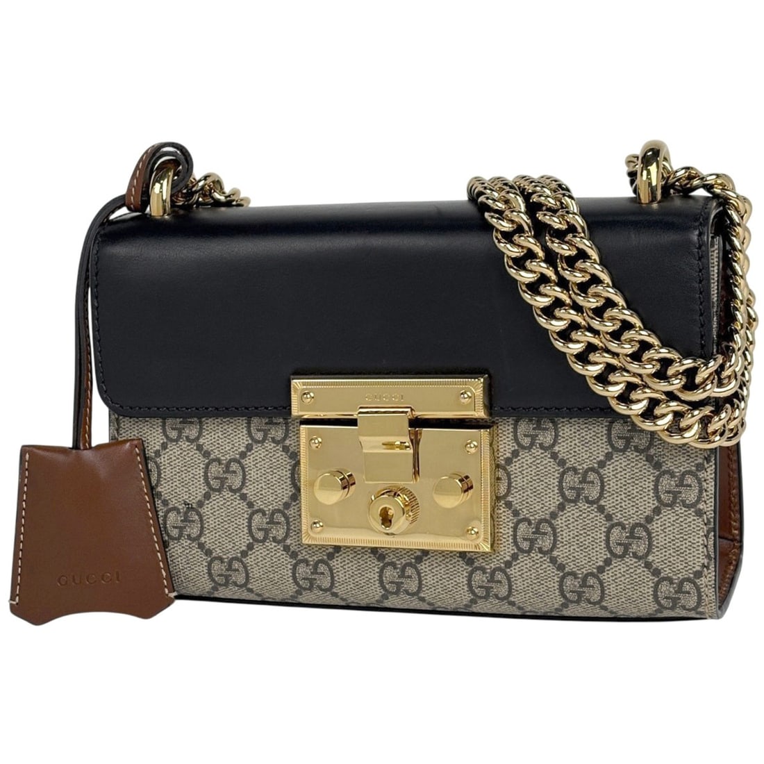 Gucci GG Supreme Padlock Chain Shoulder Bag in Coated Canvas, Black and Beige, 409487, Women's: --- Catalog ---Category: SizeSize (HxWxD): 12cm x 20cm x 7cm / 4.72'' x 7.87'' x 2.75''Category: DesignType: Shoulder bagColor: Beige, BlackGender: WomenMaterial: Coated canvas , Leather Category: Gen