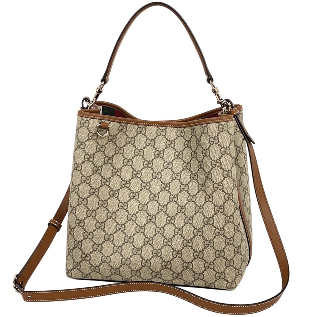 Gucci GG Emblem Medium Bucket Bag, 2-Way Shoulder/Handbag, Coated Canvas, Beige/Brown, 815103,: --- Catalog ---Category: SizeSize (HxWxD): 25cm x 25cm x 15.5cm / 9.84'' x 9.84'' x 6.1''Category: DesignType: Handbag, Shoulder bagColor: Beige, BrownGender: WomenMaterial: Coated canvas , Leather Ca