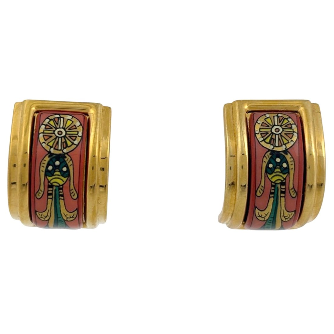 Hermes enamel earrings in cloisonné GP gold and multicolor for women: --- Catalog ---Category: SizeStone Size (HxW): 1.00mm x 2.00mm / 0.04'' x 0.08''Category: DesignColor: Multi-colorGender: WomenCategory: GeneralBrand: Hermes--- Item List ---Section: ConditionRanking: