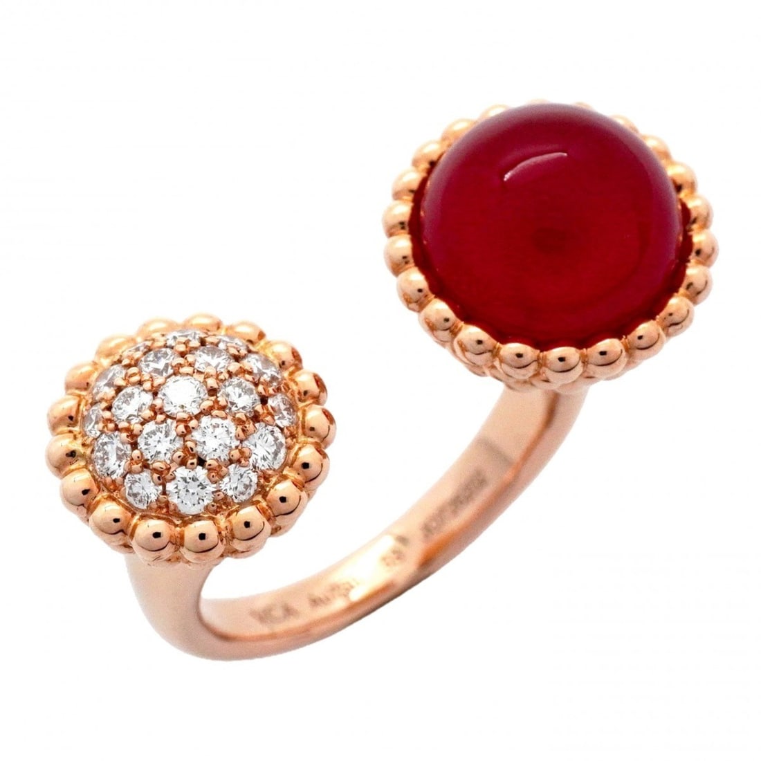 Van Cleef & Arpels Perlée Couleurs Entrée Ring in 18KPG Pink Gold with Diamonds and Red Carnelian,: --- Catalog ---Category: SizeUS Size: 6.5Brand Size: 53Category: DesignType: Band ringStone: Carnelian, DiamondGender: WomenMaterial: Pink gold (18K)Category: GeneralBrand: Van Cleef & Arpels--- Item
