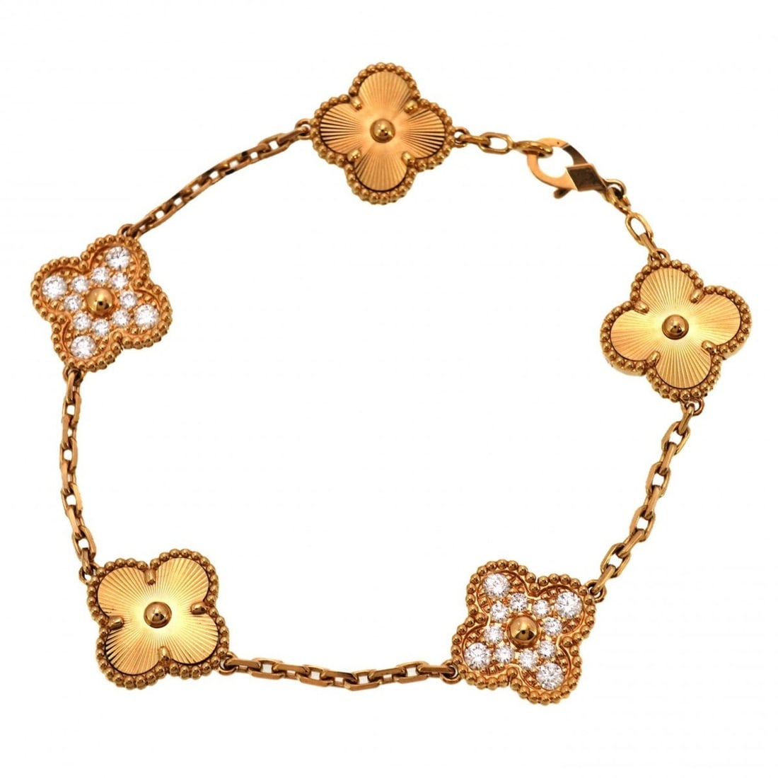 Van Cleef & Arpels Alhambra Guilloched Bracelet in 18KYG Yellow Gold with Diamonds for Women: --- Catalog ---Category: SizeLength: 18cm / 7.08''Category: DesignType: Charm braceletStone: DiamondGender: WomenMaterial: Yellow gold (18K)Category: GeneralBrand: Van Cleef & Arpels--- Item List ---S