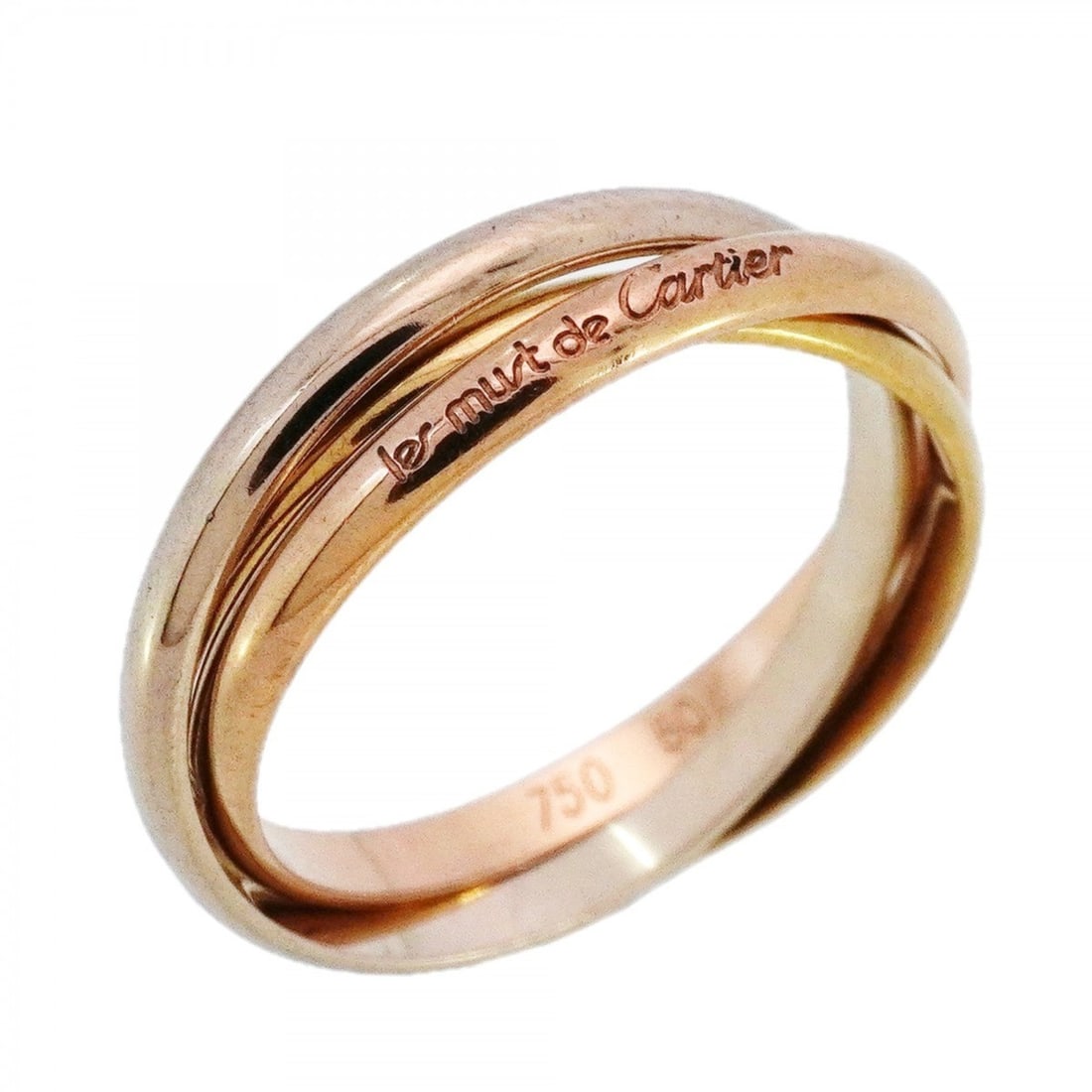 Cartier Trinity XS Ring in 18K Yellow Gold, White and Pink #50 for Women: --- Catalog ---Category: SizeUS Size: 5.5Brand Size: 50Category: DesignType: Band ringGender: WomenMaterial: Pink gold (18K), White gold (18K), Yellow gold (18K)Category: GeneralBrand: Cartier--- Item