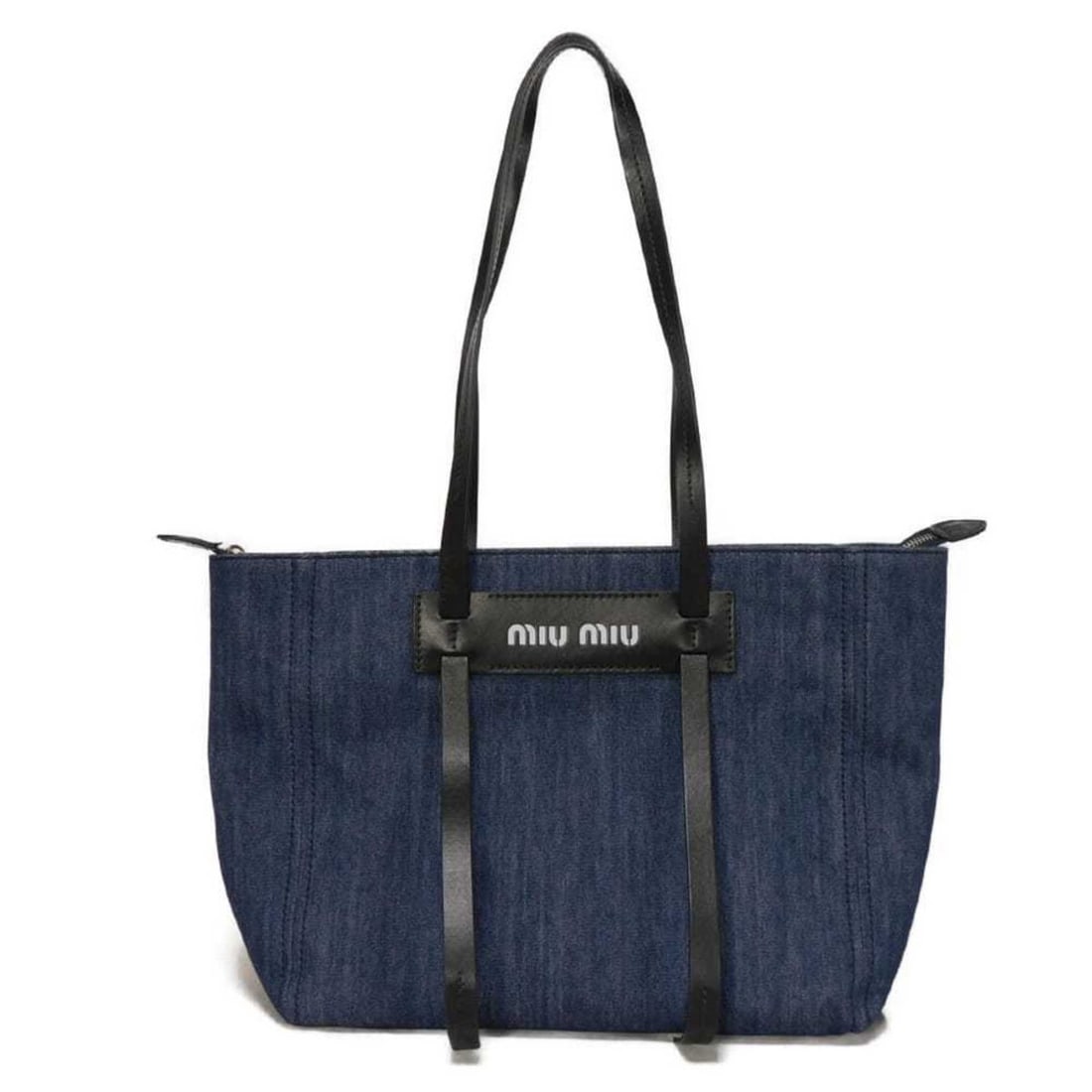 Miu Miu Miu Vitello Denim Tote Bag, Black Calfskin Shoulder Bag with Logo Embossed Cotton and Blue: --- Catalog ---Category: SizeWeight: 513g / 1.13lb.Size (HxWxD): 25cm x 40cm x 12cm / 9.84'' x 15.74'' x 4.72''Handle Length: 65cm / 25.59''Category: DesignType: Shoulder bag, Tote bagColor: BlueGende