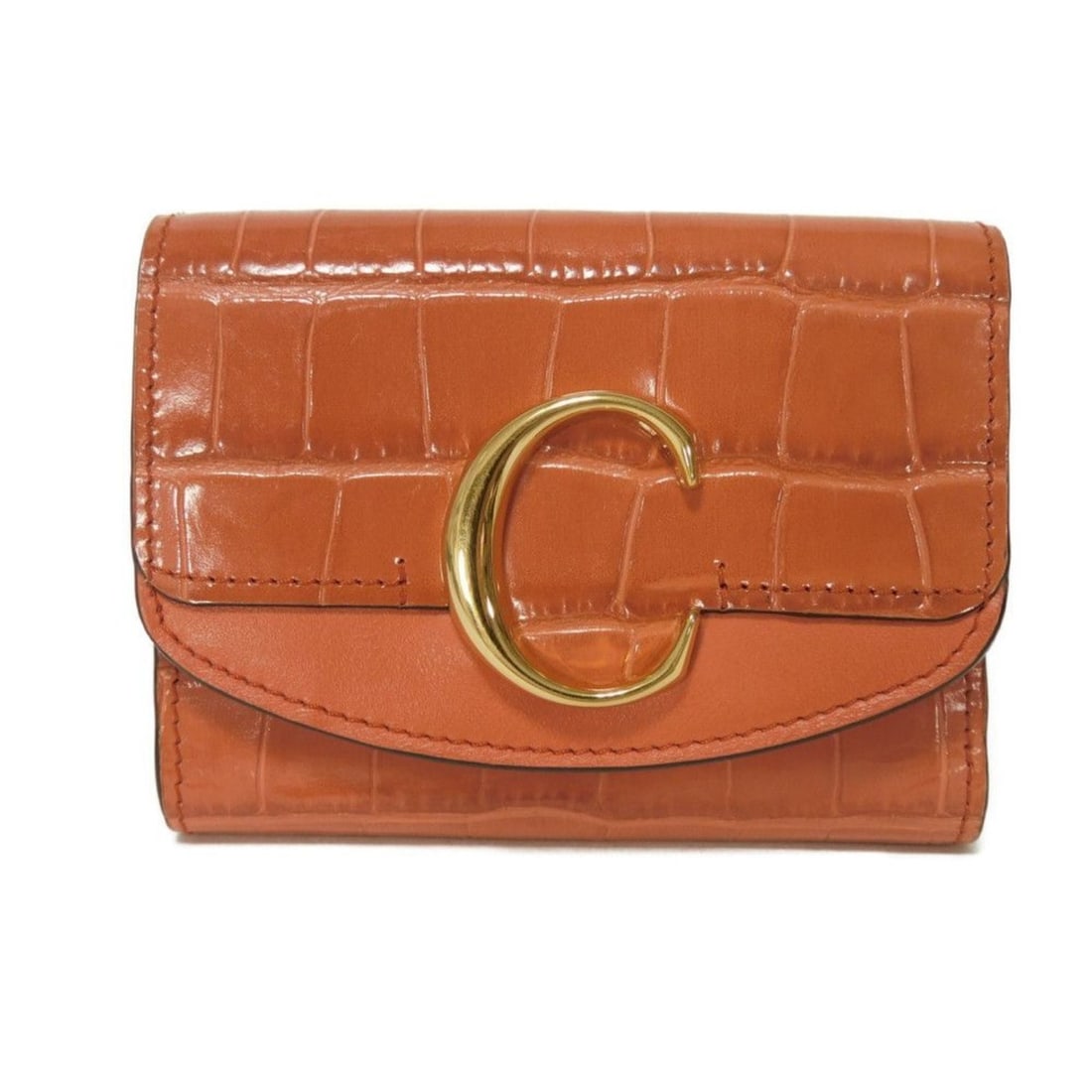 Chloé Chloe Small Trifold Wallet with C Logo, Crocodile Embossed, Shiny Calfskin, Orange,: --- Catalog ---Category: SizeWeight: 134g / 4.72oz.Size (HxWxD): 8.5cm x 11cm x 3.5cm / 3.34'' x 4.33'' x 1.37''Category: DesignType: Wallet (tri-fold)Color: OrangeGender: WomenClosure: Button, Snap f