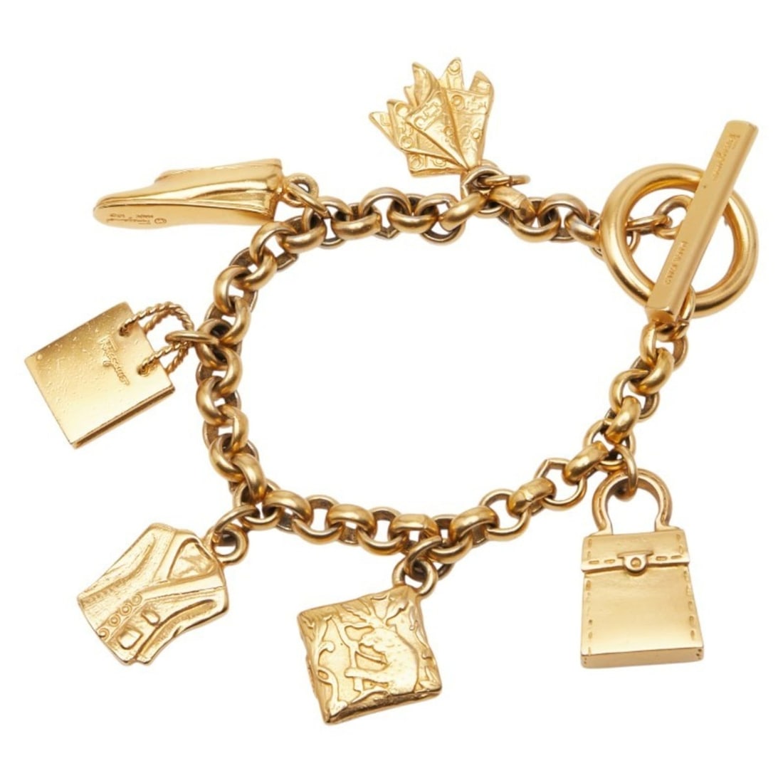 Salvatore Ferragamo bags, shoes, jackets, and motif bracelets in gold plated for women.: --- Catalog ---Category: SizeWidth: 1cm / 0.39''Length: 19cm / 7.48''Total Length: 22cm / 8.66''Category: DesignType: Charm braceletColor: GoldGender: WomenCategory: GeneralBrand: Salvatore Ferragamo-