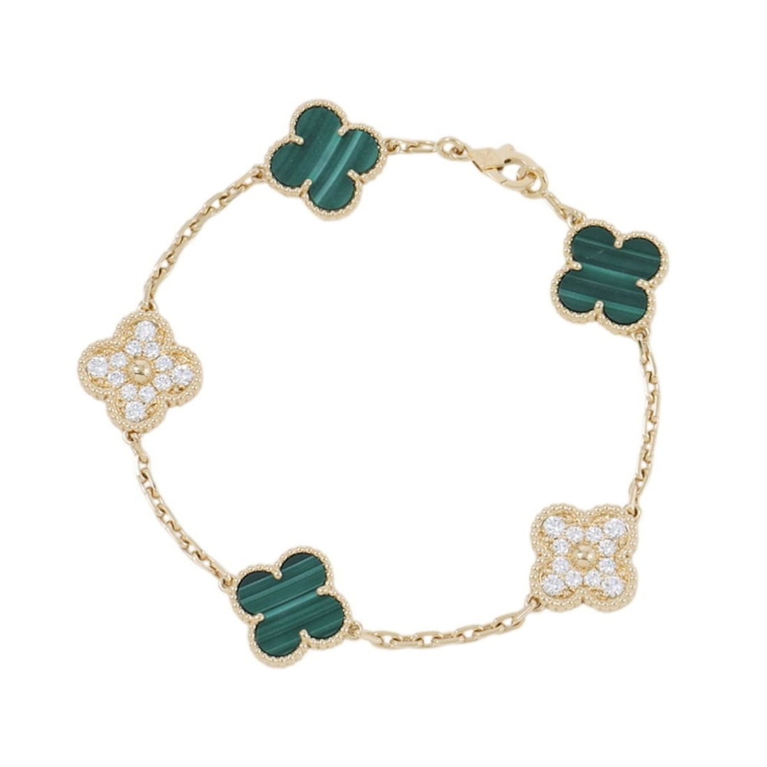 Van Cleef & Arpels Alhambra Bracelet, 5 Motifs, Malachite, Diamonds, 24 Pieces, Total Weight 0.96ct,: --- Catalog ---Category: SizeTotal Length: 19cm / 7.48''Category: DesignType: Charm braceletColor: Yellow goldGender: WomenMaterial: Yellow gold (18K)Category: GeneralLine: AlhambraBrand: Van Cleef &