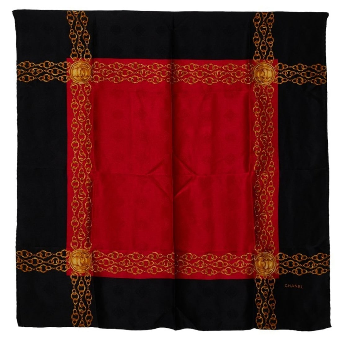 Chanel Coco Mark Chain Scarf Muffler in Black, Red, and Multicolor Silk for Women: --- Catalog ---Category: SizeSize (LxW): 84cm x 84.5cm / 33.07'' x 33.26''Category: DesignType: ScarfColor: Black, Multi-color, Red colorGender: WomenMaterial: Silk Category: GeneralBrand: Chanel--- I