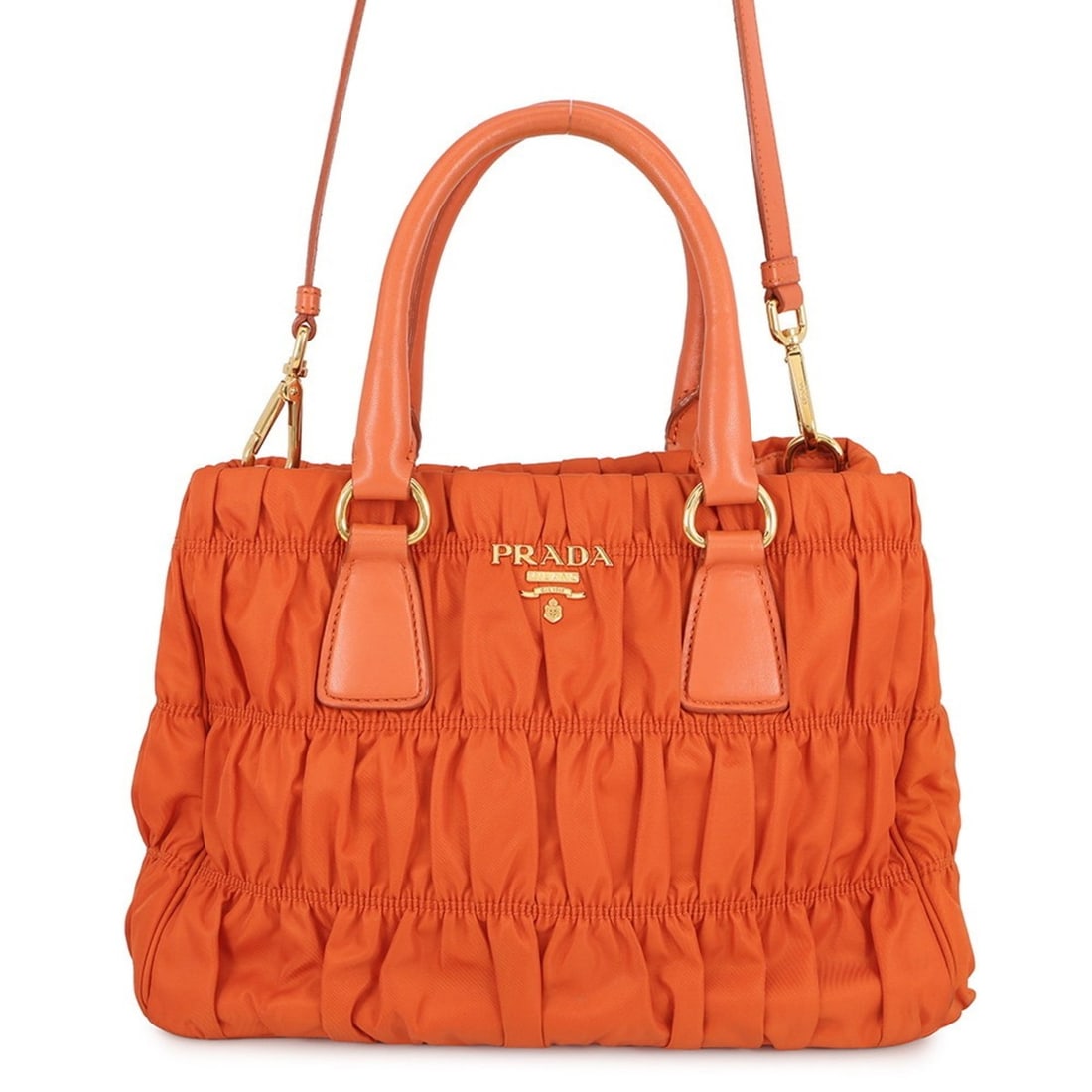 Prada handbag, gathered nylon and leather, BN2393, PRADA 2-way,: --- Catalog ---Category: SizeSize (HxWxD): 20cm x 30cm x 12.5cm / 7.87'' x 11.81'' x 4.92''Category: DesignType: HandbagColor: OrangeGender: WomenMaterial: Nylon , Leather Category: GeneralBrand: Prad