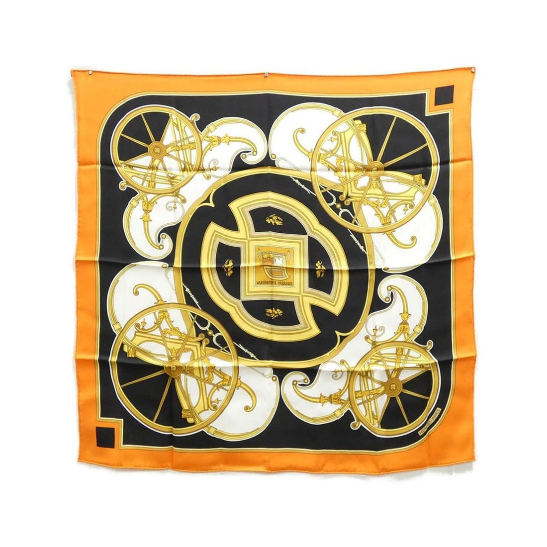 Hermes Hermès Carre Scarf Muffler: --- Catalog ---Category: SizeSize (LxW): 70cm x 70cm / 27.55'' x 27.55''Category: DesignType: ScarfColor: Black, OrangeGender: Women,MenMaterial: Silk Category: GeneralBrand: Hermes--- Item List