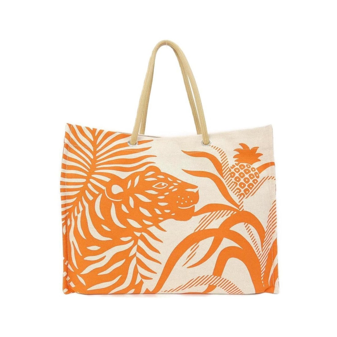 Hermes TIGRE A L'ANANAS Beach Handbag 103634M: --- Catalog ---Category: SizeSize (HxWxD): 37cm x 48cm x 24cm / 14.56'' x 18.89'' x 9.44''Category: DesignType: Beach bag, HandbagColor: OrangeGender: Men,WomenMaterial: Toile H Hardware Color: