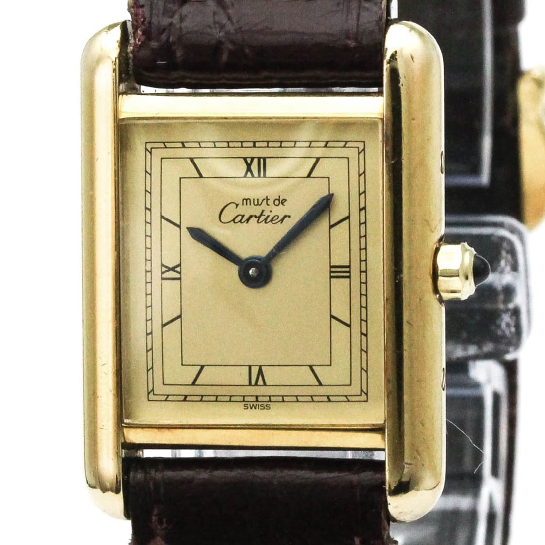 CARTIER Must Tank Gold Plated Leather Quartz Ladies Watch 366001: --- Catalog ---Category: SizeCase Diameter: 20mm / 0.79''Category: DesignType: WristwatchStyle: Dress/FormalGender: WomenColor (Dial): GoldMaterial (Band): LeatherMaterial (Case): Gold platedCategory: