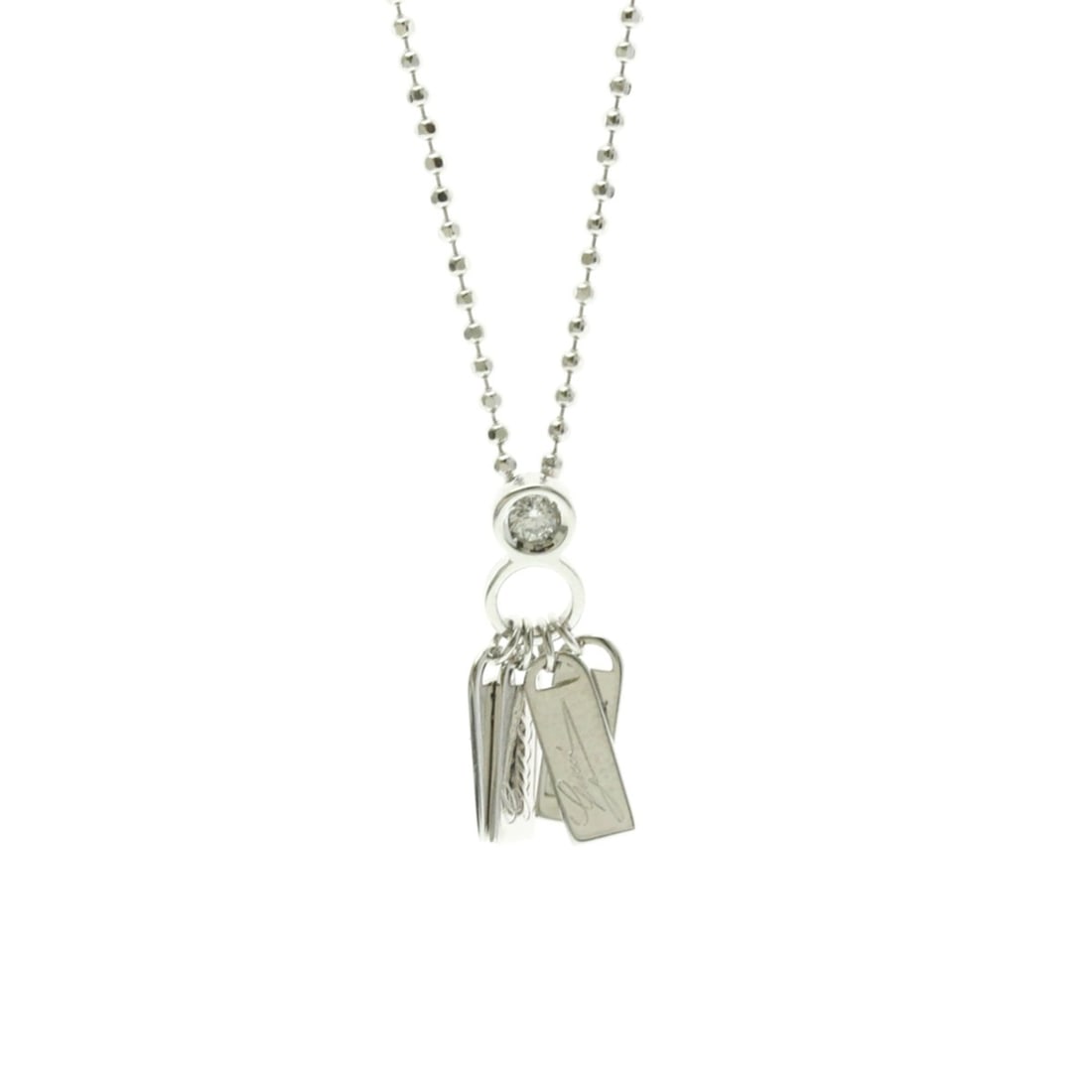 Gucci Plate Tag Diamond Necklace White Gold (18K) Diamond Men,Women Fashion Pendant Necklace: --- Catalog ---Category: SizeWeight: 5.7g / 0.2oz.Pendant Size: 18.5mm x 5mm / 0.72'' x 0.19''Neck Circumference: 53 cm / 20.86''Category: DesignColor: SilverMetal: White GoldStone: DiamondStyle: