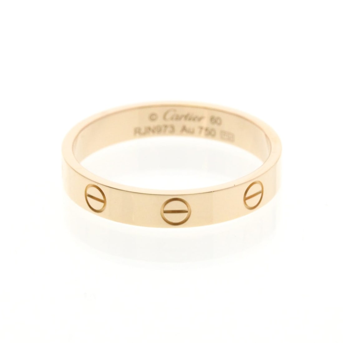 Cartier Mini Love Ring Pink Gold (18K) Fashion No Stone Band Ring Pink Gold: --- Catalog ---Category: SizeWidth: 3.7mm / 0.15''Weight: 3.8g / 0.13oz.JP Size: 20US Size: 9Brand Size: 60Category: DesignType: Band ringColor: Pink goldMetal: GoldStone: No StoneStyle: