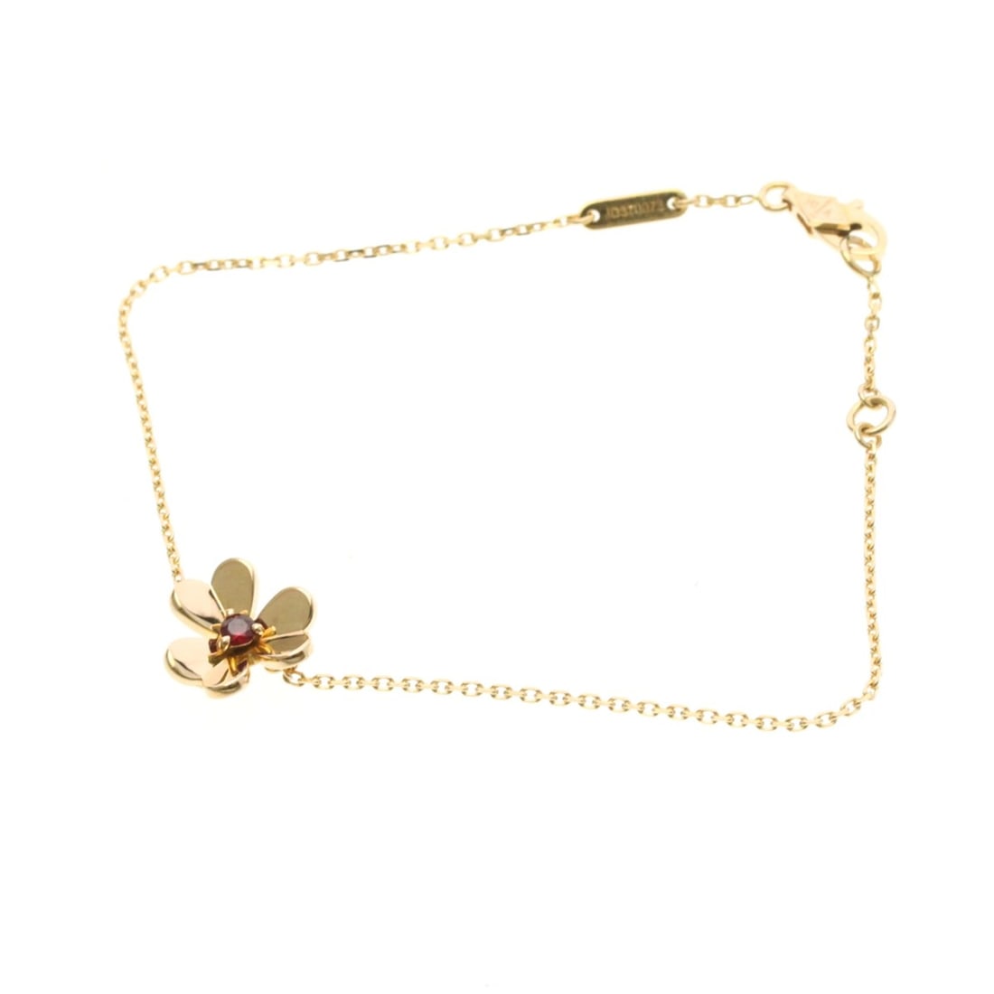 Van Cleef & Arpels Frivole Pink Gold (18K) Ruby Charm Bracelet Pink Gold: --- Catalog ---Category: SizeLength: 15.5cm - 17cm / 6.1'' - 6.69''Weight: 2.3g / 0.08oz.Stone Size (HxW): 10cm x 10cm / 3.93'' x 3.93''Category: DesignType: Charm braceletColor: Pink goldMetal: GoldS