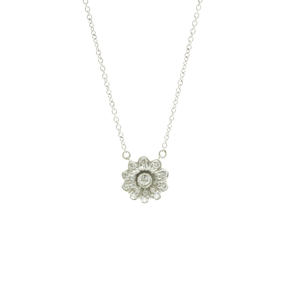 Tiffany Flower Diamond Necklace Platinum Diamond Men,Women Fashion Pendant Necklace: --- Catalog ---Category: SizeWeight: 4g / 0.14oz.Pendant Size: 9.5mm x 9.5mm / 0.37'' x 0.37''Neck Circumference: 41 cm / 16.14''Category: DesignMetal: PlatinumStone: DiamondStyle: FashionGender: