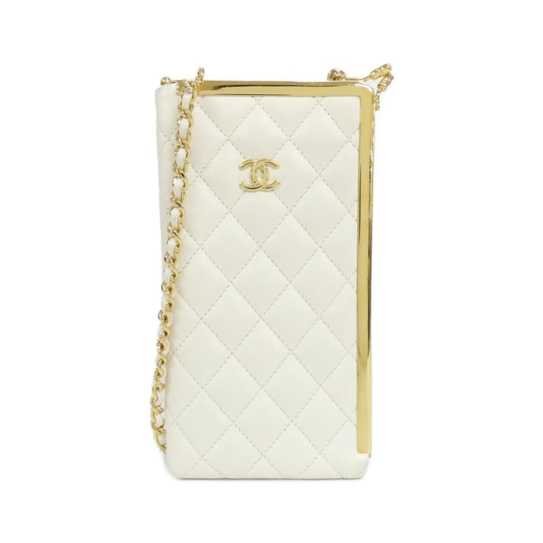 Chanel phone case: --- Catalog ---Category: DesignColor: WhiteMaterial: LeatherLeather/Fur Type: Lamb leatherCategory: GeneralBrand: ChanelCategory: Physical PropertiesSize (HxWxD): 20cm x 10cm x 2cm / 7.87'' x 3.93''