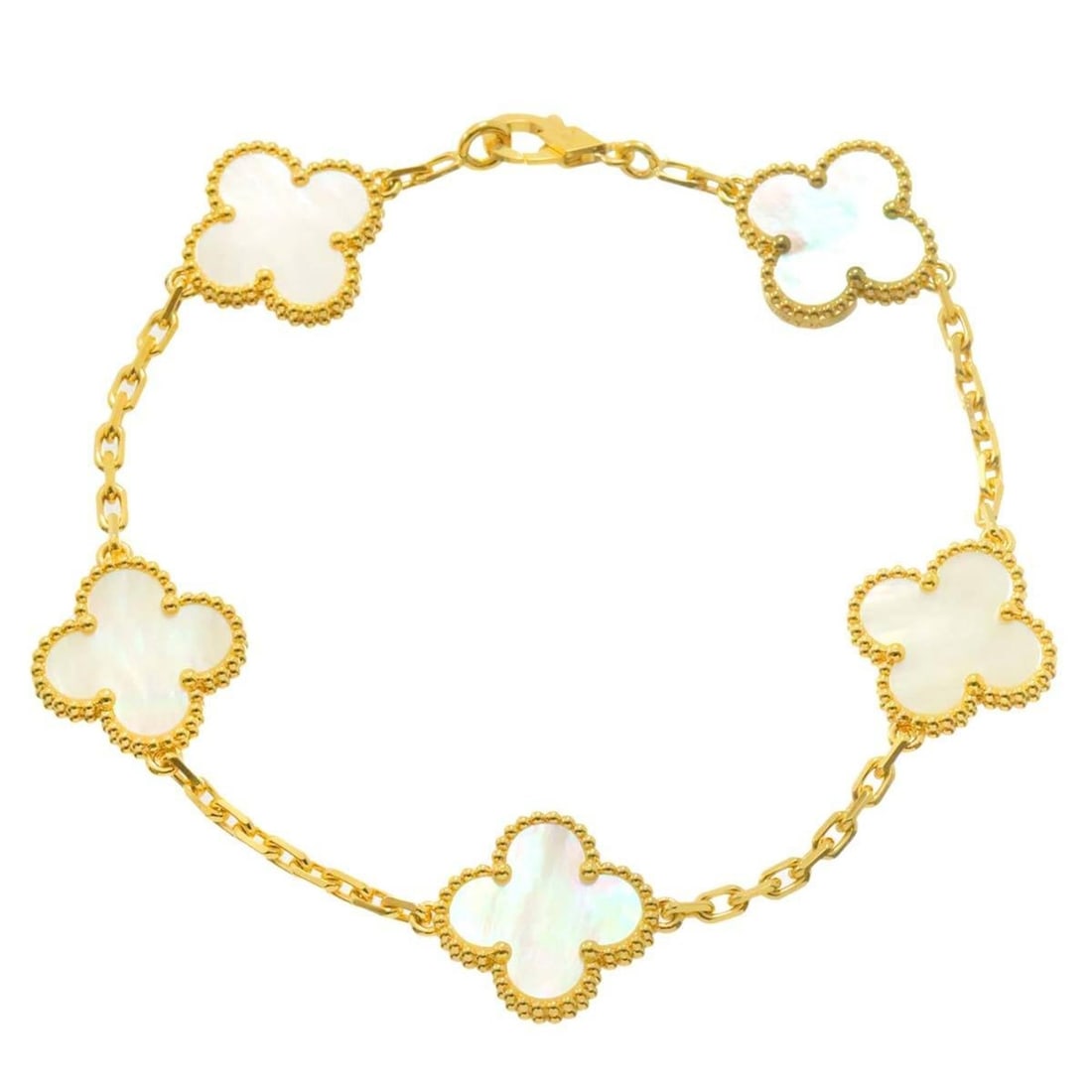 Van Cleef & Arpels Alhambra Shell 5P Bracelet 18cm 18K YG 750: --- Catalog ---Category: SizeLength: 18cm / 7.08''Weight: 11.7g / 0.41oz.Category: DesignType: Charm braceletColor: YellowMetal: GoldStone: ShellGender: WomenMetal Purity: 18KCategory: GeneralLine: Al