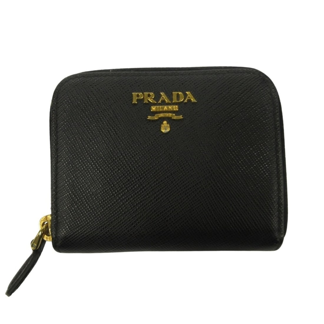 PRADA Saffiano Leather Wallet/Coin Purse, Compact Wallet, Black, Gold, Men's & Women's: --- Catalog ---Category: SizeSize (HxWxD): 9.5cm x 10cm x 2cm / 3.74'' x 3.93'' x 0.78''Category: DesignType: Coin purse/coin caseColor: Black, GoldGender: Men,Women,UnisexMaterial: Leather Leather/Fu