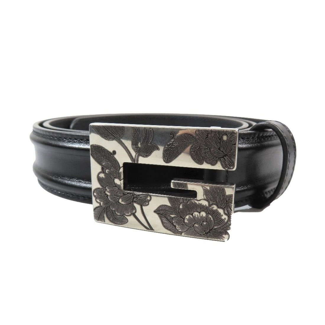 GUCCI G-Square Flower Buckle Belt, Leather, Memorable Buckle, Eyelets, Black, Silver, Men's: --- Catalog ---Category: SizeWidth: 2.8cm / 1.1''Length: 83cm - 93cm / 32.67'' - 36.61''Buckle Size: 3.5cm / 1.37''Category: DesignType: Standard beltColor: Black, SilverGender: MenMaterial (Strap): L