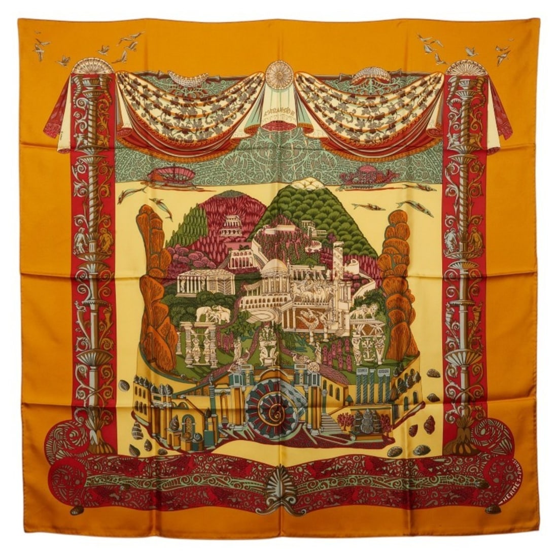 Hermes Carre 90 L'ATLANTIDE (Atlantis) Scarf/Muffler, Yellow Multicolor Silk, Women's: --- Catalog ---Category: SizeSize (LxW): 88cm x 88cm / 34.64'' x 34.64''Category: DesignType: ScarfColor: Multi-color, YellowGender: WomenMaterial: Silk Category: GeneralBrand: Hermes--- Item List