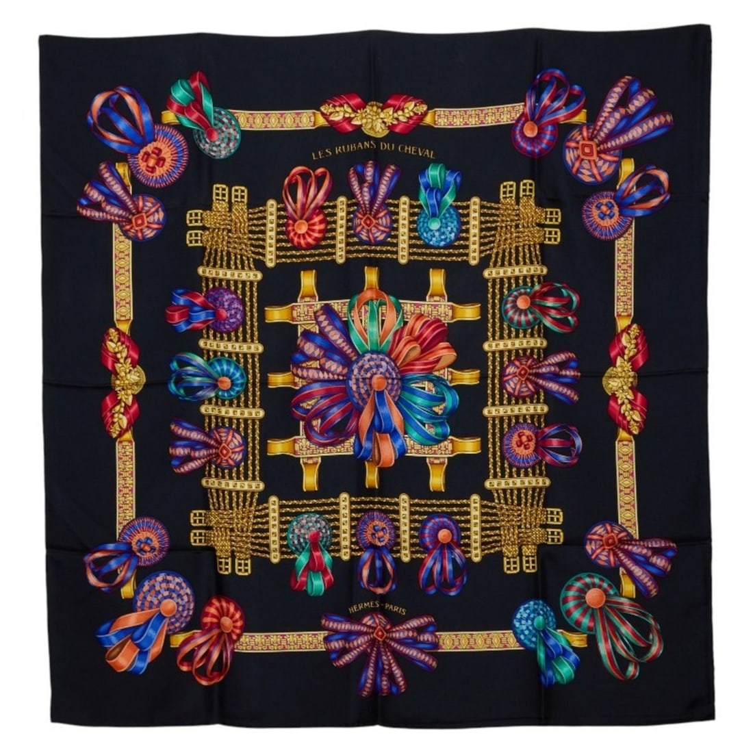 Hermes Carre 90 LES RUBANS DU CHEVAL Horse Ribbon Scarf Muffler Black Multicolor Silk Women's HERMES (1 of 7)