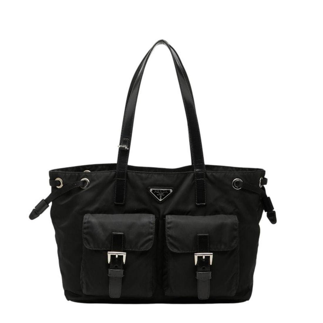 Prada Triangle Logo Plate Handbag, Black Nylon, Women's PRADA: --- Catalog ---Category: SizeSize (HxWxD): 22cm x 32cm x 11cm / 8.66'' x 12.59'' x 4.33''Category: DesignType: HandbagColor: BlackGender: WomenMaterial: Nylon Category: GeneralBrand: Prada--- Item