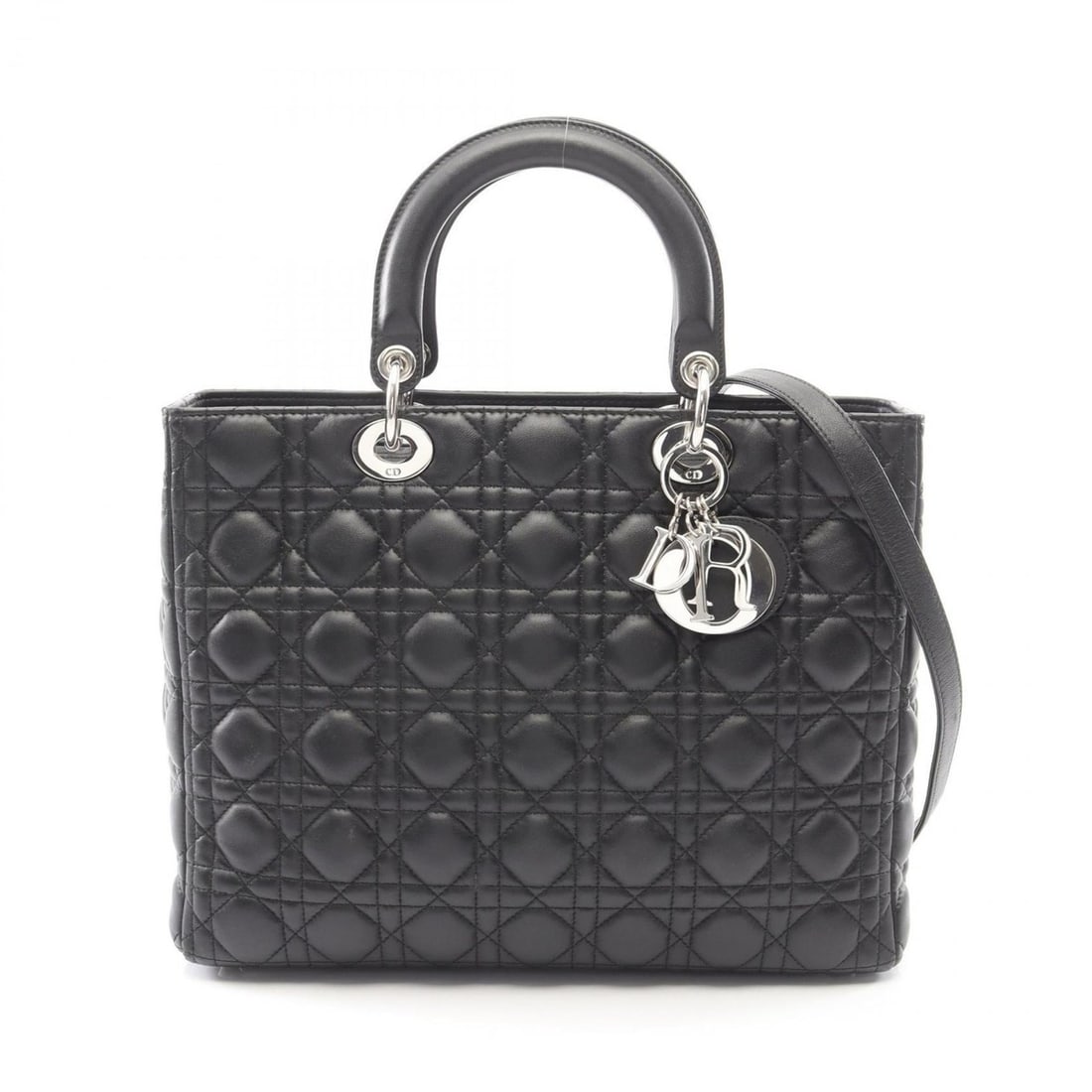 Christian Dior Dior Lady Large Handbag, Leather, Women's, Black: --- Catalog ---Category: SizeSize (HxWxD): 25cm x 32cm x 11cm / 9.84'' x 12.59'' x 4.33''Handle Length: 36cm / 14.17''Category: DesignType: HandbagColor: BlackGender: WomenMaterial: Leather Category:
