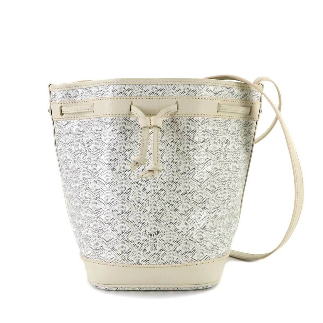Goyard Petit Flot PM Bucket Shoulder Handbag, Leather, White: --- Catalog ---Category: SizeWeight: 260g / 9.17oz.Size (HxWxD): 23cm x 25cm x 17cm / 9.05'' x 9.84'' x 6.69''Strap Length: 76cm - 112cm / 29.92'' - 44.09''Category: DesignType: Handbag, Shoulder