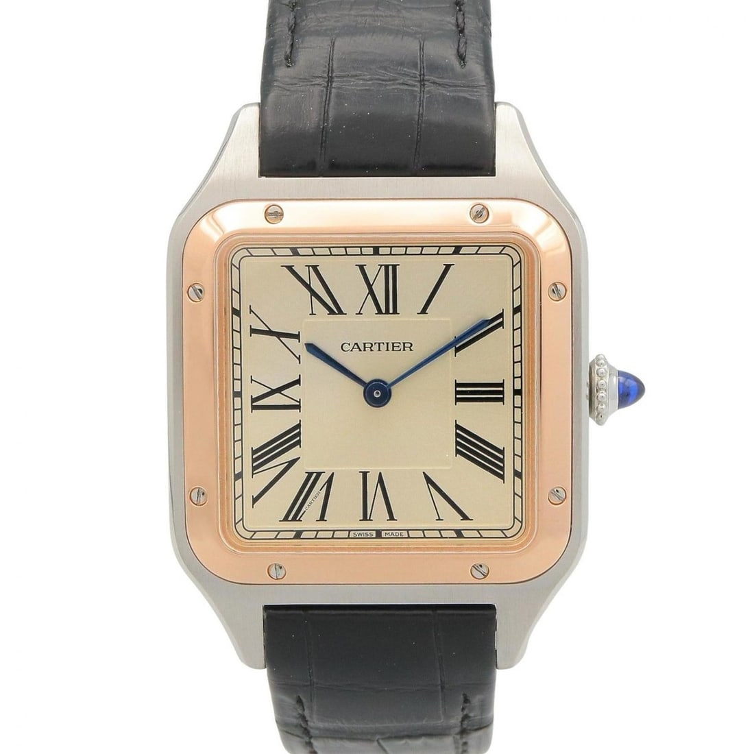 Cartier Santos Dumont LM Watch, 18K Pink Gold (PG), Stainless Steel, Leather Strap, Men's,: --- Catalog ---Category: SizeWrist Size: 17.5cm / 6.88''Case Diameter: 31.2mm / 1.23''Category: DesignType: WristwatchGender: MenColor (Dial): Gold, SilverMaterial (Band): LeatherMaterial (Case): Pink