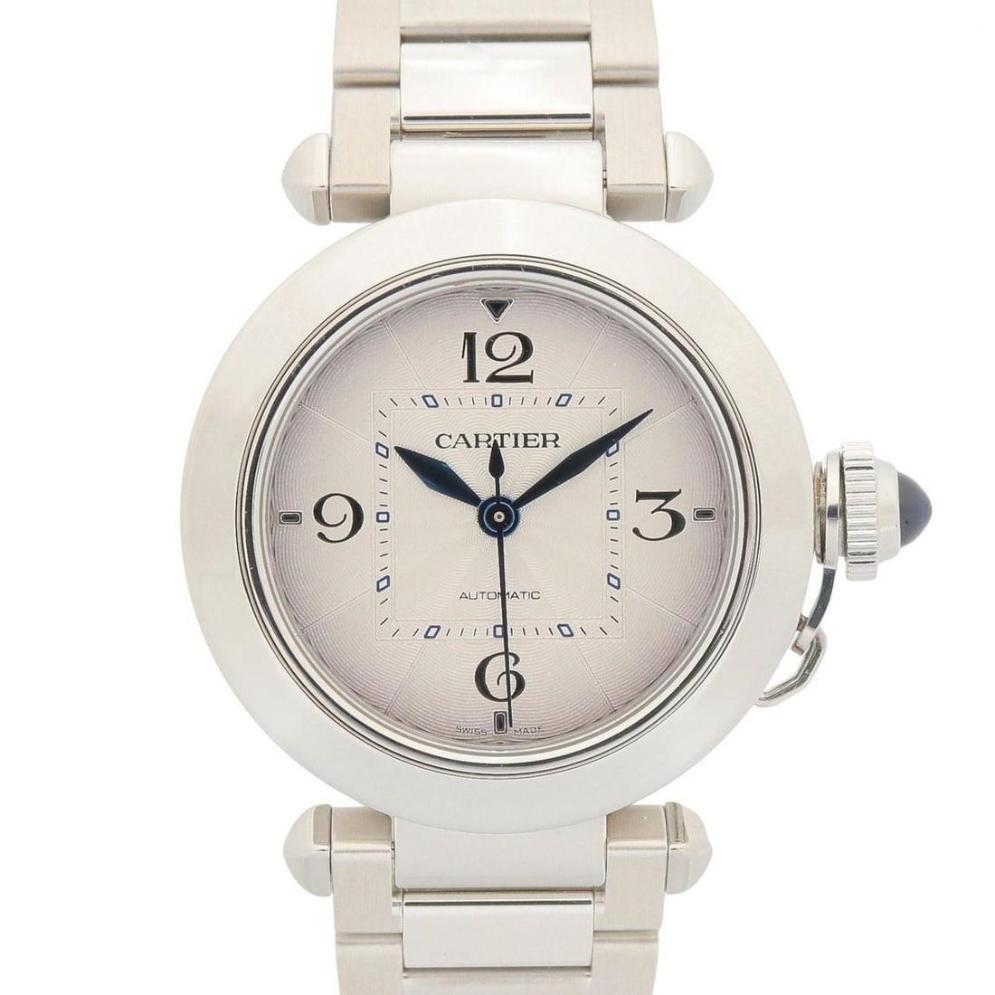 Cartier Pasha de watch, stainless steel, boys' size, silver tone, WSPA0013: --- Catalog ---Category: SizeWrist Size: 16.5cm / 6.49''Case Diameter: 35mm / 1.38''Category: DesignType: WristwatchGender: BoysMaterial (Band): Stainless steelMaterial (Case): Stainless steelCategory