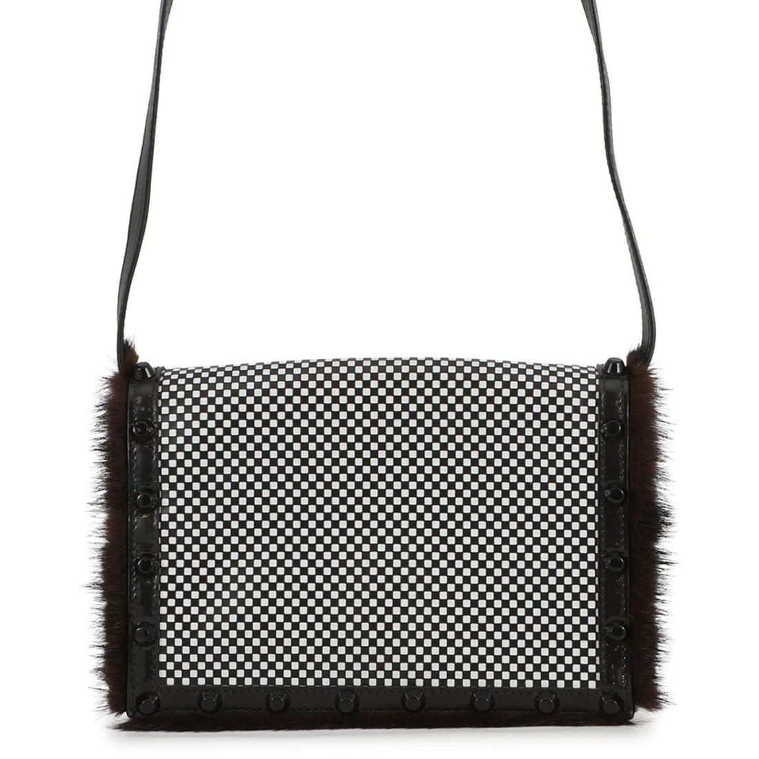 Fendi shoulder bag, check pattern, studs, leather, fur, FENDI handbag,: --- Catalog ---Category: SizeSize (HxWxD): 14.5cm x 20cm x 3cm / 5.7'' x 7.87'' x 1.18''Category: DesignType: Handbag, Shoulder bagColor: Black, WhiteGender: WomenMaterial: Leather , Fur Category: Gen