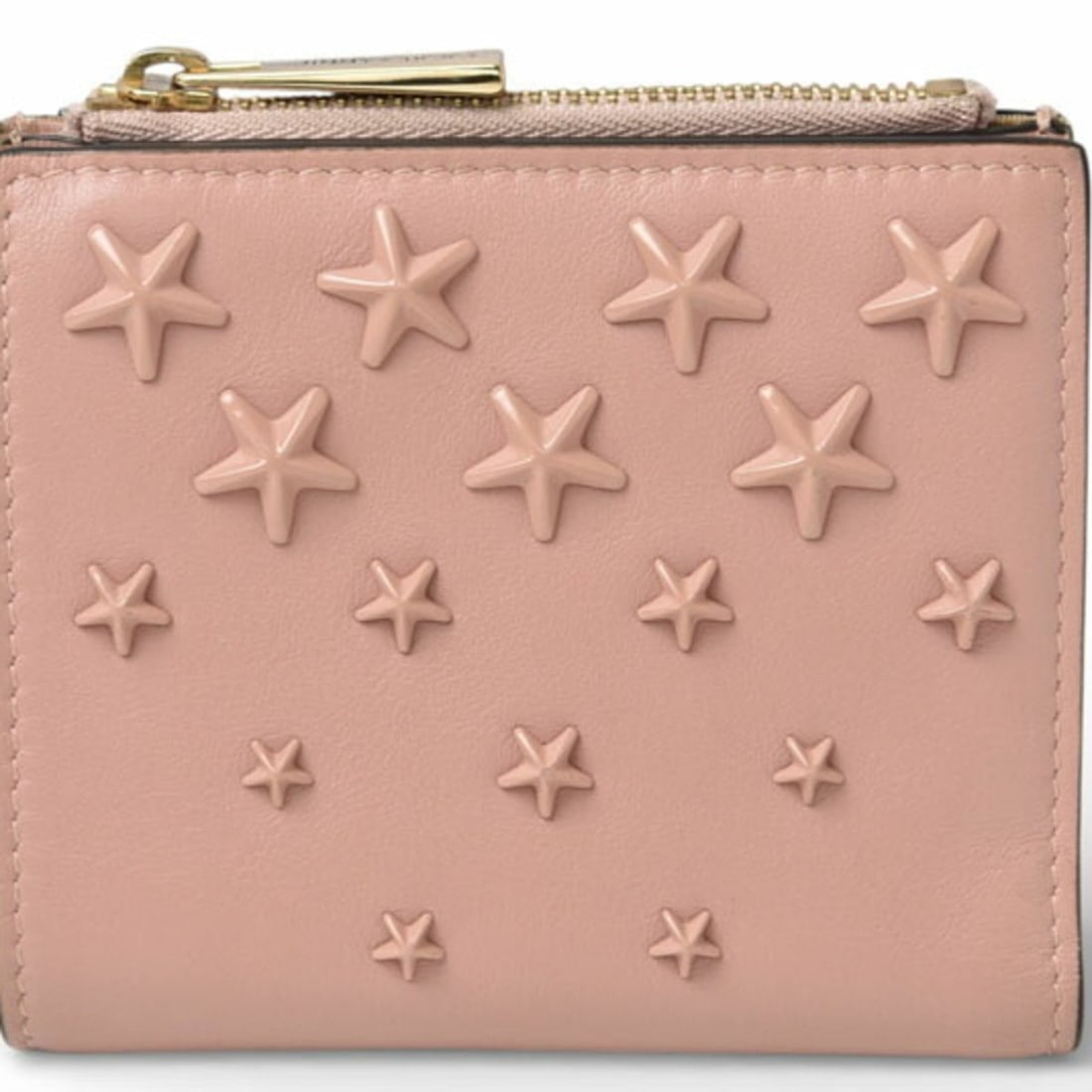 Jimmy Choo Hanni mini bifold wallet in calf leather with pink star studs.: --- Catalog ---Category: SizeSize (HxWxD): 10cm x 11cm x 1.5cm / 3.93'' x 4.33'' x 0.59''Category: DesignType: Wallet (bi-fold)Color: PinkGender: WomenMaterial: Leather Leather/Fur Type: CalfskinCateg