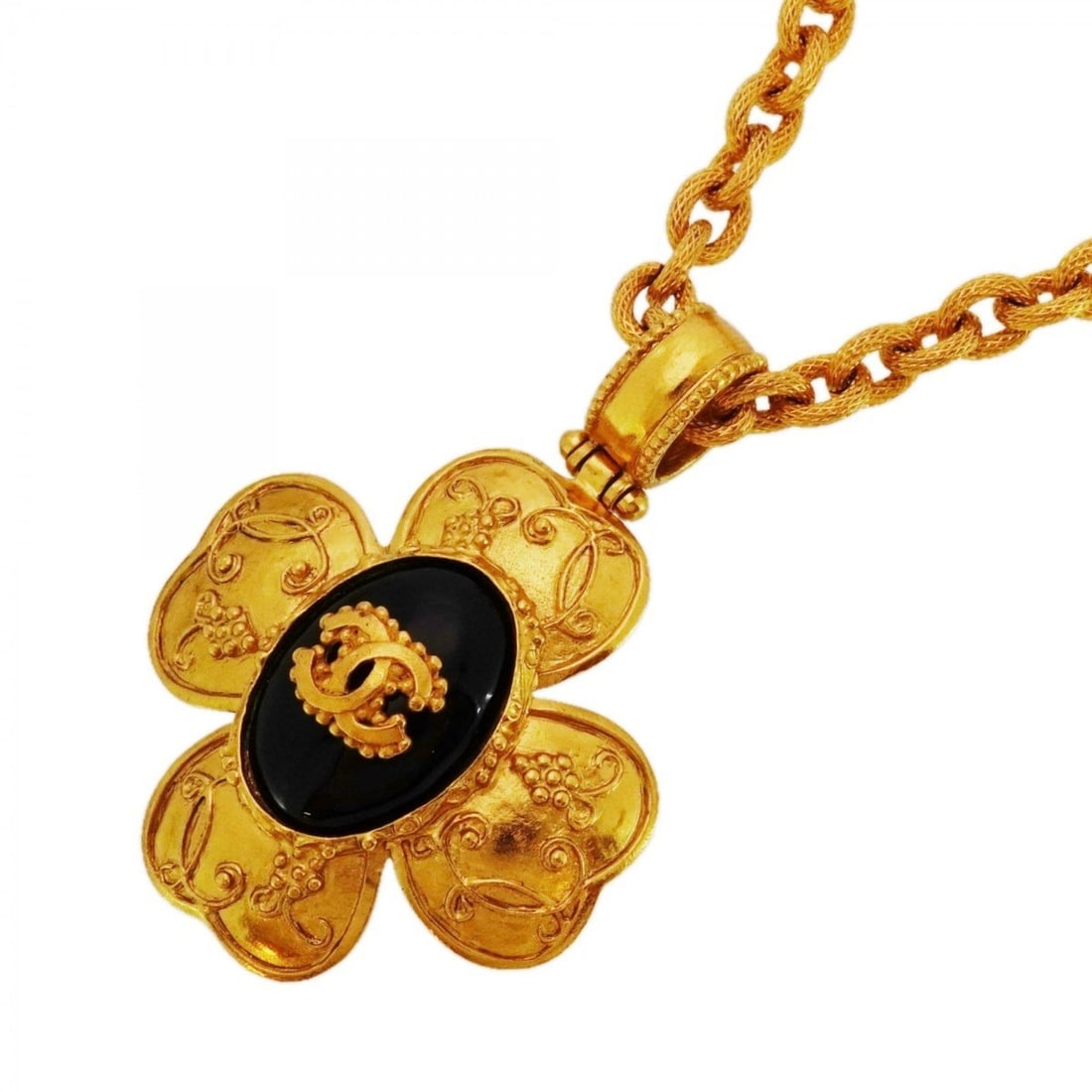Chanel Necklace, Coco Mark Flower Motif, GP Plated, Gold, Black, Women's: --- Catalog ---Category: SizePendant Size: 65.7mm x 47.7mm / 2.58'' x 1.87''Neck Circumference: 61.5 cm / 24.21''Category: DesignColor: Black, GoldGender: WomenMaterial: Gold platingNecklace Type: Nec
