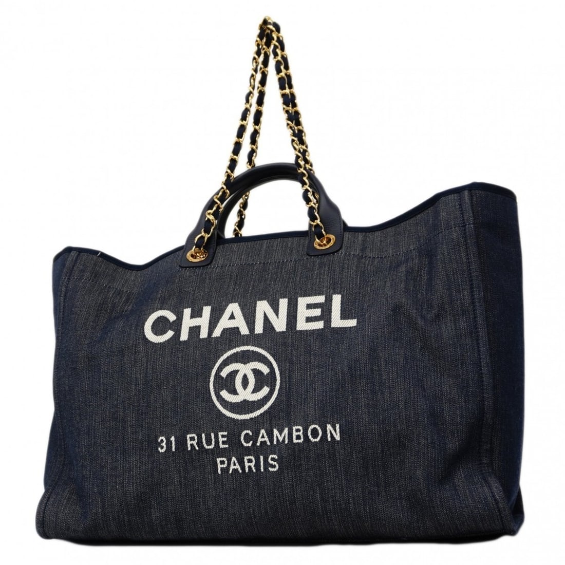 Chanel Deauville Chain Shoulder Bag, Denim Navy, 2-way bag for women: --- Catalog ---Category: SizeSize (HxWxD): 39.5cm x 50.5cm x 19cm / 15.55'' x 19.88'' x 7.48''Category: DesignType: HandbagColor: NavyGender: WomenMaterial: Denim Hardware Color: GoldCategory: General