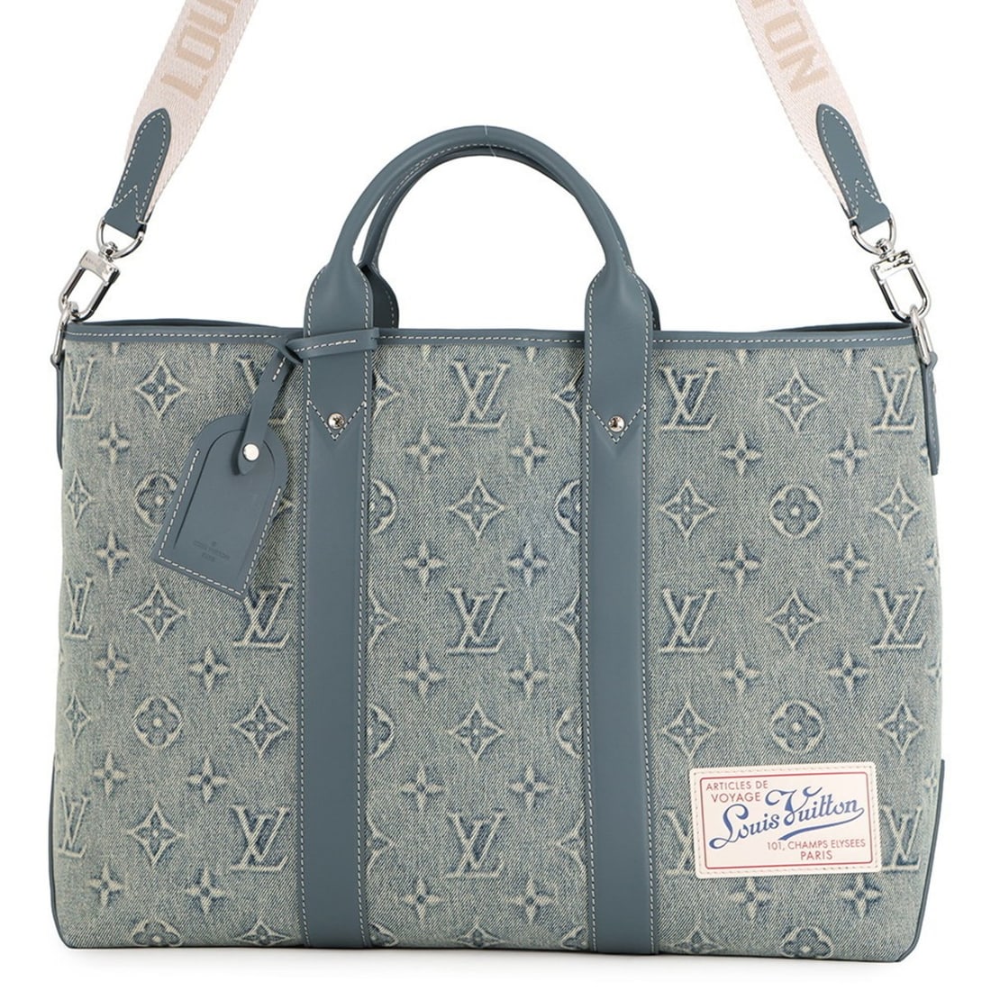Louis Vuitton Monogram Washed Denim Weekend Tote NM M22537, a 2-way shoulder bag, and Bag.: --- Catalog ---Category: SizeSize (HxWxD): 32.5cm x 45cm x 14.5cm / 12.79'' x 17.71'' x 5.7''Category: DesignType: Shoulder bag, Tote bagColor: BlueGender: WomenMaterial: Monogram , Denim Category: Ge