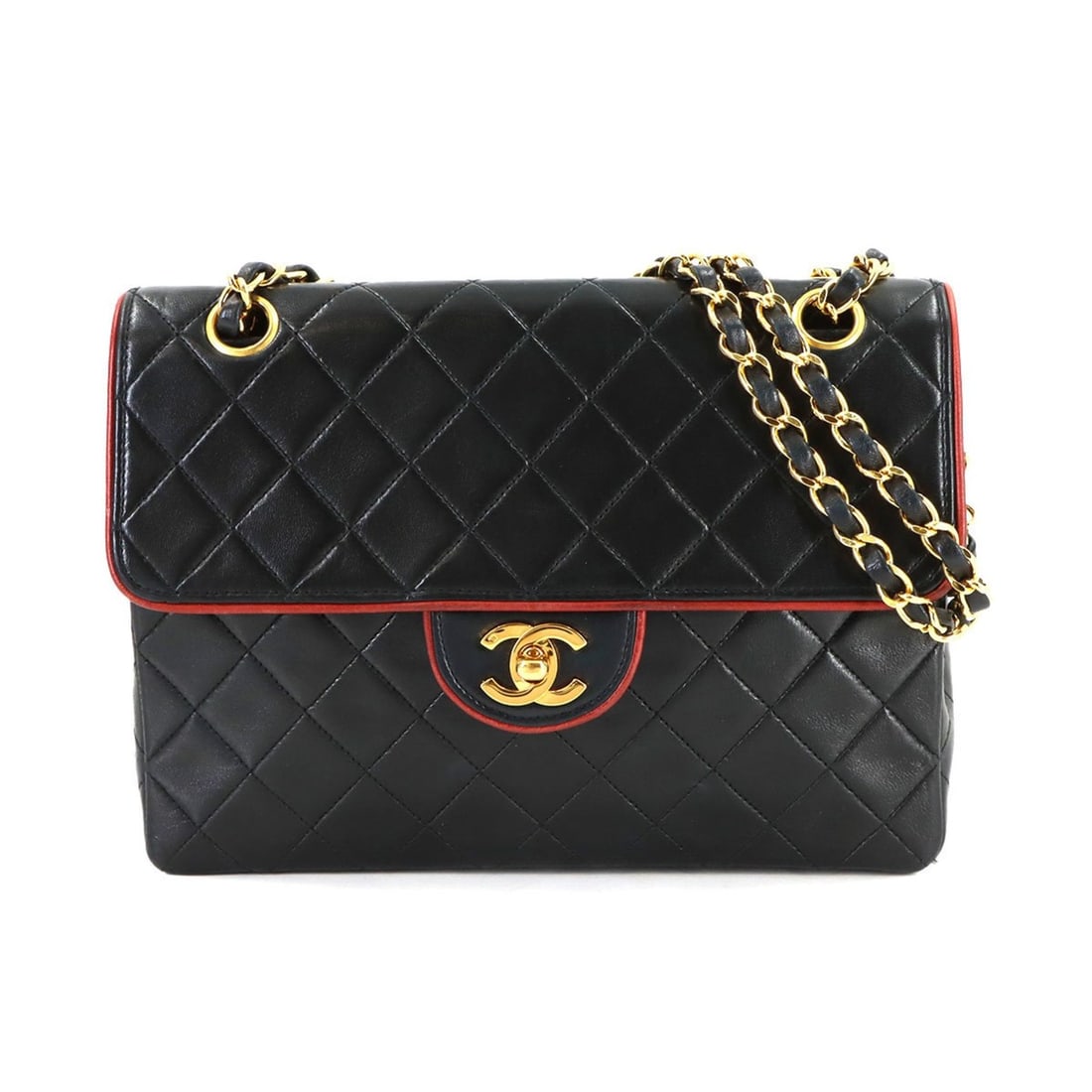 Chanel Matelasse Chain Shoulder Handbag, Lambskin, Black with Gold Hardware: --- Catalog ---Category: SizeWeight: 470g / 1.03lb.Size (HxWxD): 17.5cm x 23.5cm x 6cm / 6.88'' x 9.25'' x 2.36''Strap Length: 53cm - 88cm / 20.86'' - 34.64''Category: DesignType: Handbag, Shoulder