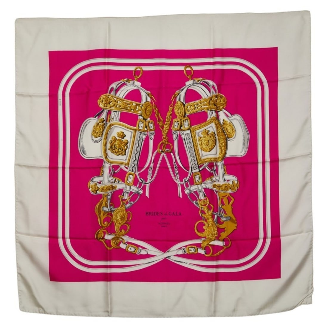 Hermes Carre 90 BRIDES de GALA Ceremonial Bridle Scarf/Muffler, Pink/Ivory Silk, Women's HERMES: --- Catalog ---Category: SizeSize (LxW): 89cm x 88cm / 35.03'' x 34.64''Category: DesignType: ScarfColor: Ivory, PinkGender: WomenMaterial: Silk Category: GeneralBrand: Hermes--- Item List ---Section: