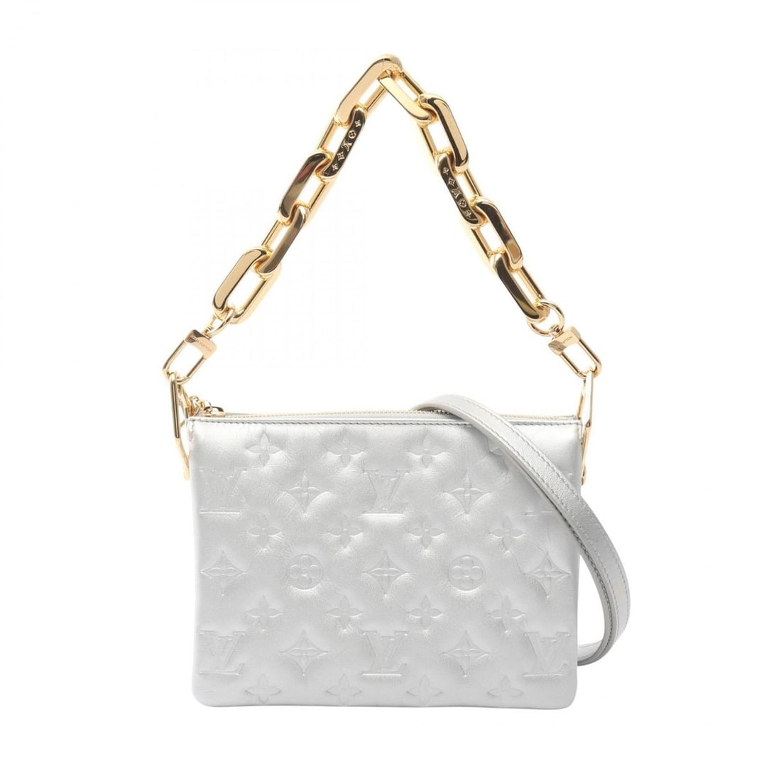 Louis Vuitton Coussin BB Shoulder Bag/Handbag, Leather, Monogram Embossed, Women's, Silver Tone,: --- Catalog ---Category: SizeSize (HxWxD): 16cm x 21cm / 6.29'' x 8.26''Category: DesignType: Shoulder bagColor: SilverGender: WomenMaterial: Leather Category: GeneralMPN: M20567Brand: Louis Vuitton--