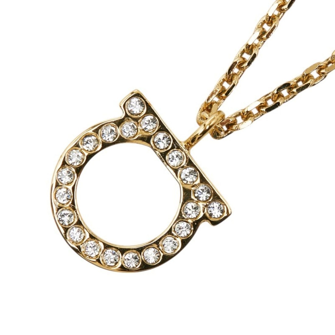 Salvatore Ferragamo Gancini Pendant Necklace, Gold Plated Brass with Crystal Glass, for Women.: --- Catalog ---Category: SizePendant Size: 15.8mm x 12.8mm / 0.62'' x 0.5''Neck Circumference: 48.5 cm / 19.09''Category: DesignColor: GoldGender: WomenMaterial: Brass, GlassNecklace Type: Pendant nec