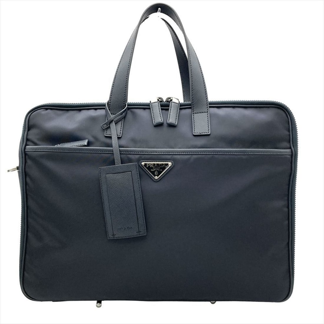 Prada brief bag, business nylon, Saffiano leather, navy, silver hardware, men's.: --- Catalog ---Category: SizeHandle Drop: 16.00cm / 6.30''Size (HxWxD): 30cm x 41cm x 14cm / 11.81'' x 16.14'' x 5.51''Category: DesignType: BriefcaseColor: NavyGender: MenClosure: ZipperMaterial: