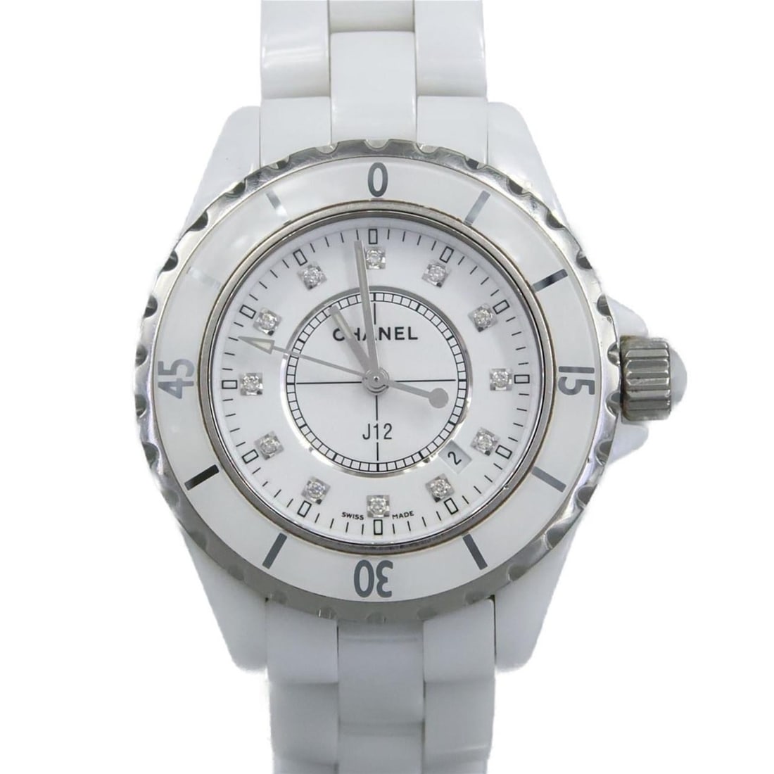 Chanel J12 33mm Ceramic 12P H1628 Quartz Watch: --- Catalog ---Category: SizeWrist Size: 14cm / 5.51''Case Diameter: 33mm / 1.3''Category: DesignType: WristwatchGender: WomenColor (Dial): WhiteMaterial (Band): CeramicMaterial (Case):