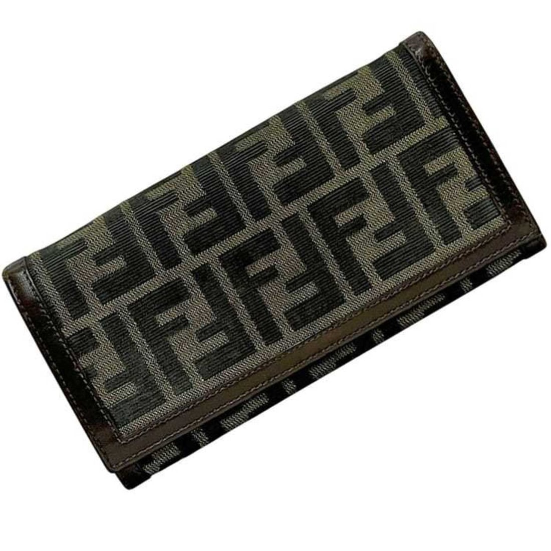 Fendi Bi-fold Long Wallet ec-25213 Khaki Green Brown Zucca 2804 30851 098 Canvas Leather FENDI FF (1 of 10)