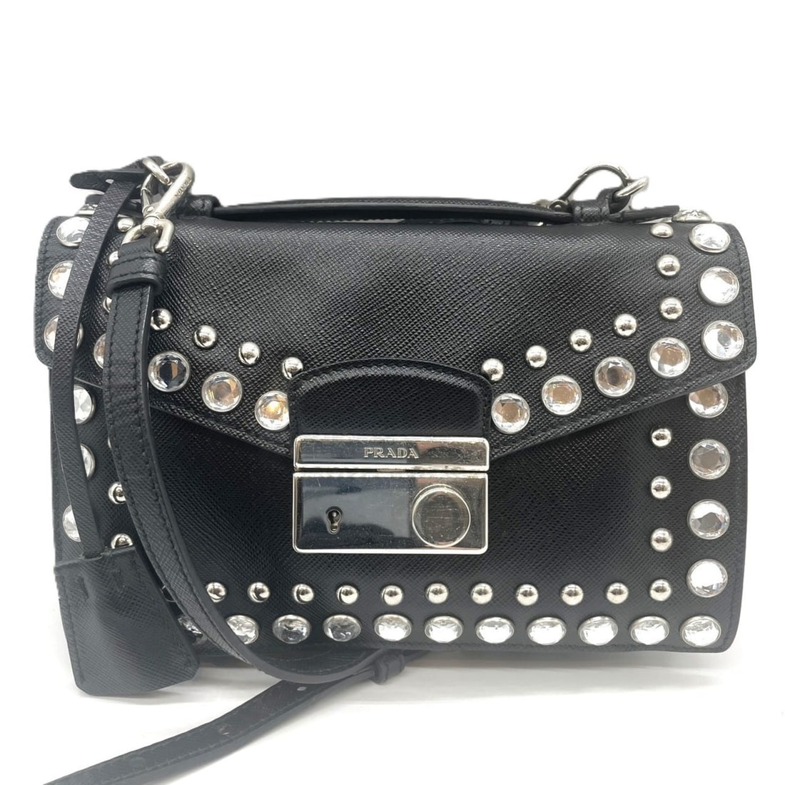 Prada Shoulder Bag Pochette 2-Way Beaded Studs Saffiano Leather Nero Black PRADA (1 of 8)