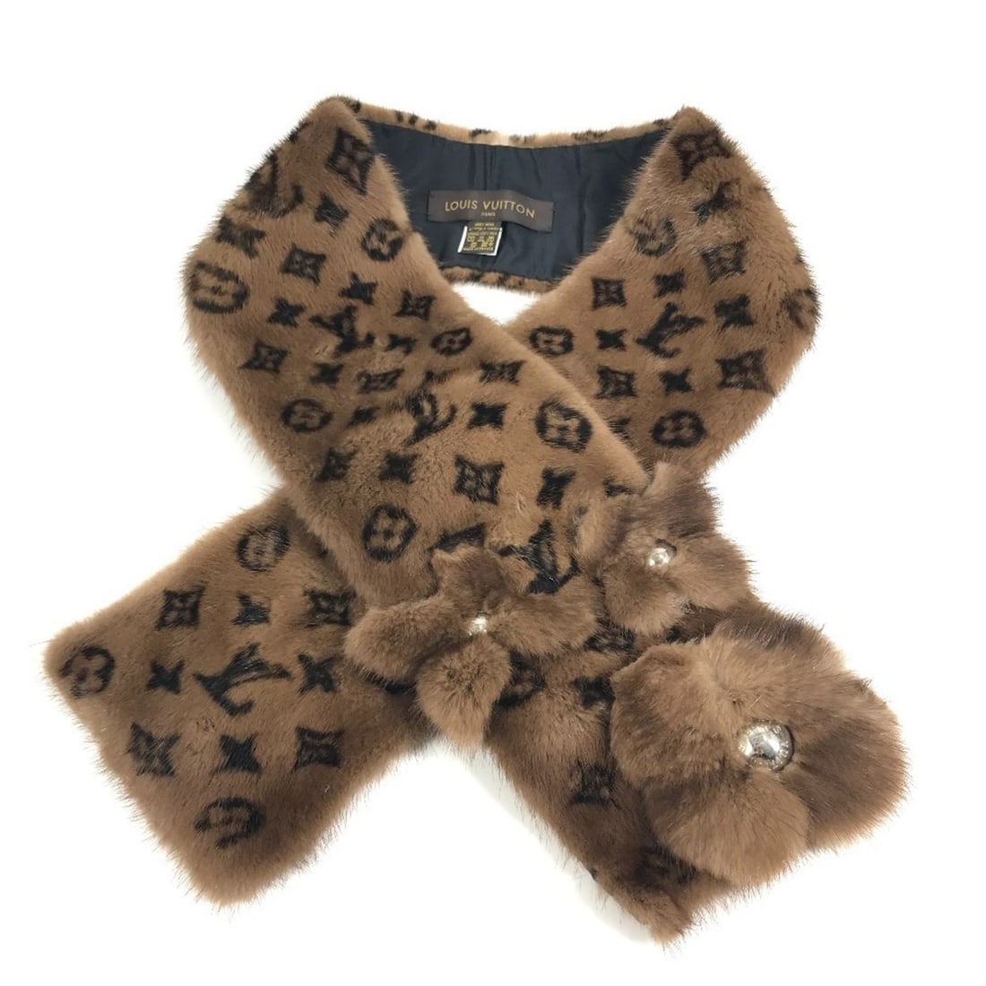 LOUIS VUITTON (Louis Vuitton) Monogram Flower Logo Tippet Scarf, Mink and Silk, Women's, Brown (Item: --- Catalog ---Category: SizeSize (LxW): 14cm x 1.14m / 5.51'' x 45.07''Category: DesignType: TippetColor: BrownGender: WomenMaterial: Fur , Silk Category: GeneralLine: MonogramBrand: Louis VuittonCou